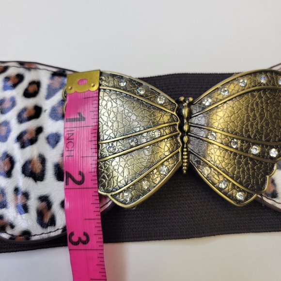 Butterfly Buckle Stretch Belt Animal Print Antique Gold Tone Buckle Brown Cream - Picture 10 of 16